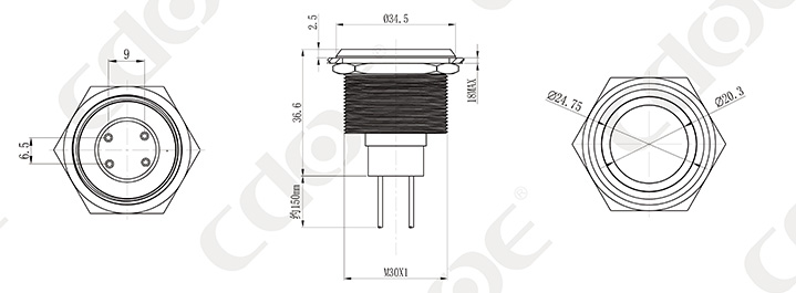 botón pulsador 30 mm Plano dimensional