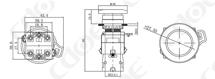 Sakelar tombol tekan kepala jamur 22mm