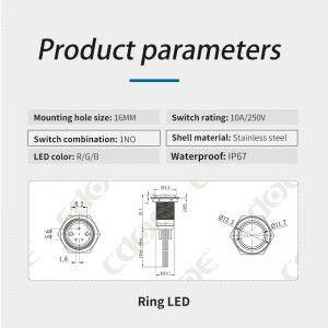 10A 16mm pushbutton switch 12v led on off power stainless steel latching ring light