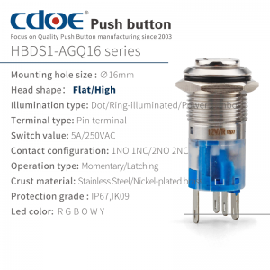 16mm 1no1nc 5 Pins Stainless Steel Ring Led 12v Momentary Push Button Switch