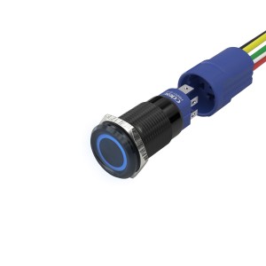 Bespoke black momentary push button switch Stainless steel Plated Black Ring Illuminated Blue 19mm Mounting Holes