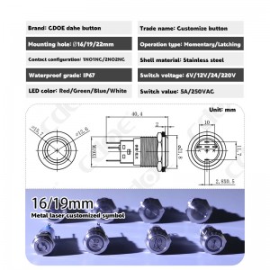 19MM custom laser logo design waterproof ip67 blue led momentary push button switch for car