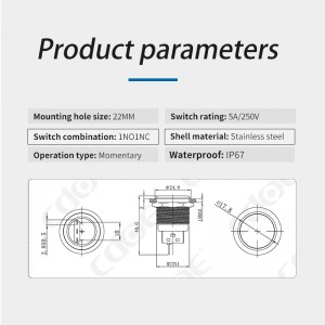 Momenatry push button light switch 22mm flat head normally open ip67 5 pins stainless steel