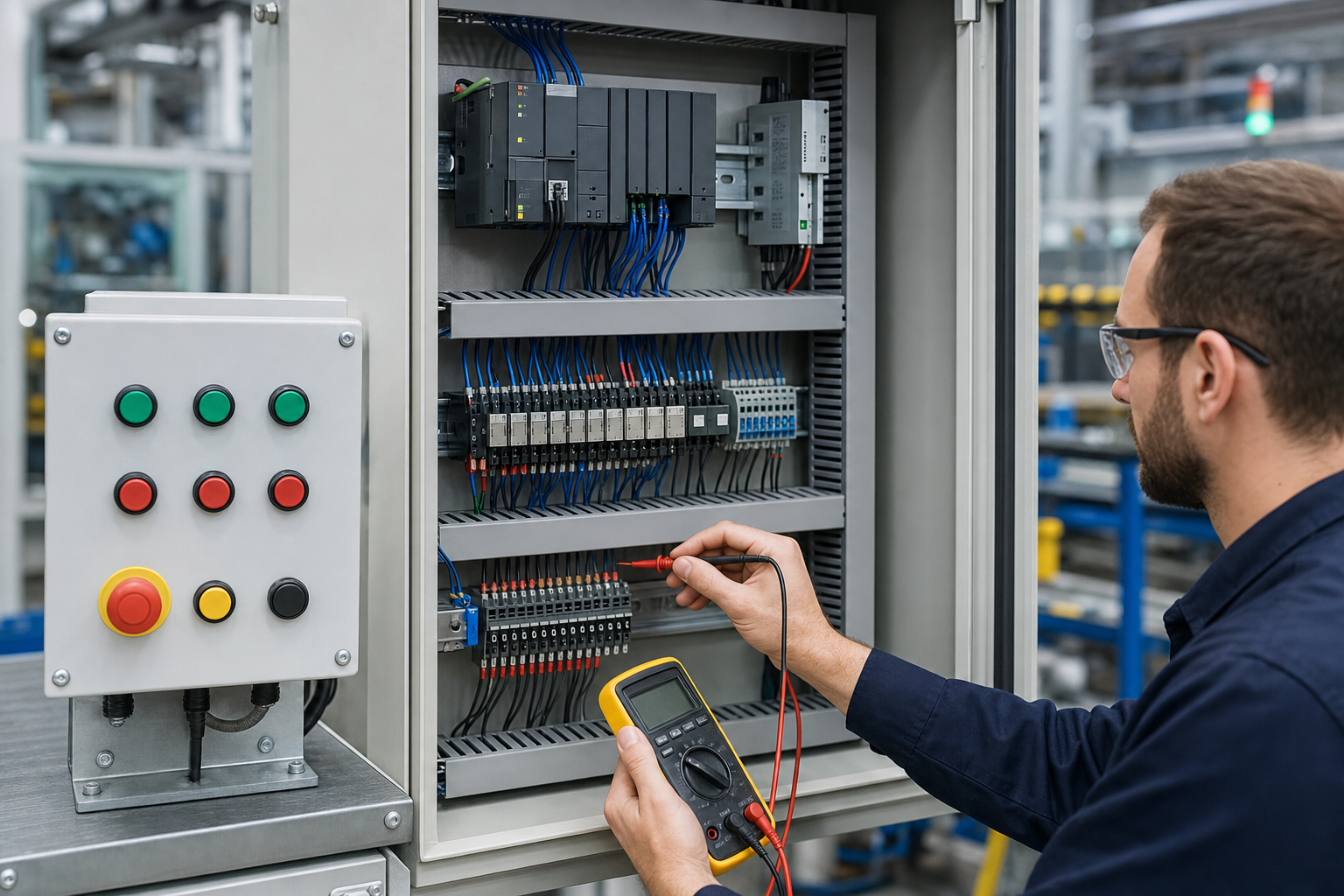 PLC 制御システムに接続されたプッシュ ボタン スイッチを表示する現実的な産業自動化シーンを作成します。機械制御パネル電気キャビネット PLC モジュール配線端子とエンジニアを含めます