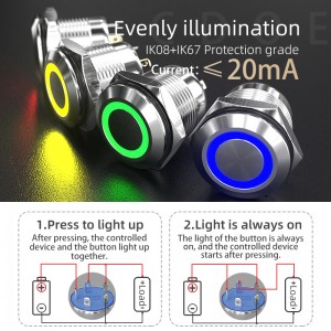Flat Round ring illuminated 16mm IP67 1no1nc Spdt Small waterproof 12 volt push button switch