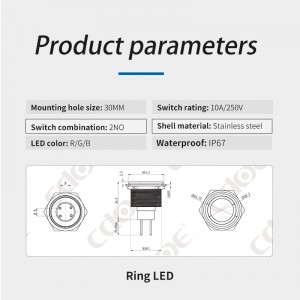 Pulsador de 30mm con bloqueo de metal, resistente al agua, anillo de alimentación ip67, interruptor led 2no