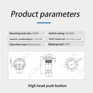 High head ring illuminated on off 16mm 5 amp push button switch 12v ip67