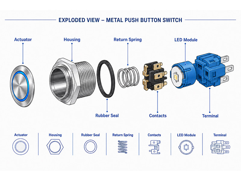 Push Button switch component assembly diagram
