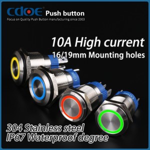 Anello pulsante illuminato da 16 mm terminale pin led ip67 10a ripristino interruttore ad alta corrente