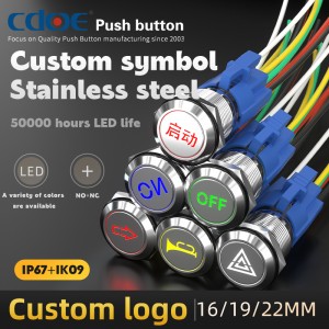 19MM custom laser logo design waterproof ip67 blue led momentary push button switch for car