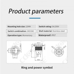on and off switch 22mm pushbutton ring and power symbol 5a 220v metal ip67
