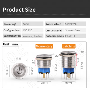 metal anti vandal push the button 22MM 1no1nc ring led illumainted red switch for control panel