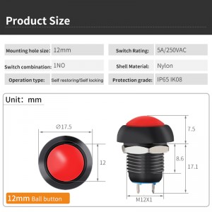 12-mm-Reset-Schalter aus Nylon, ein normalerweise offener beleuchteter Punkt-LED-Druckknopf